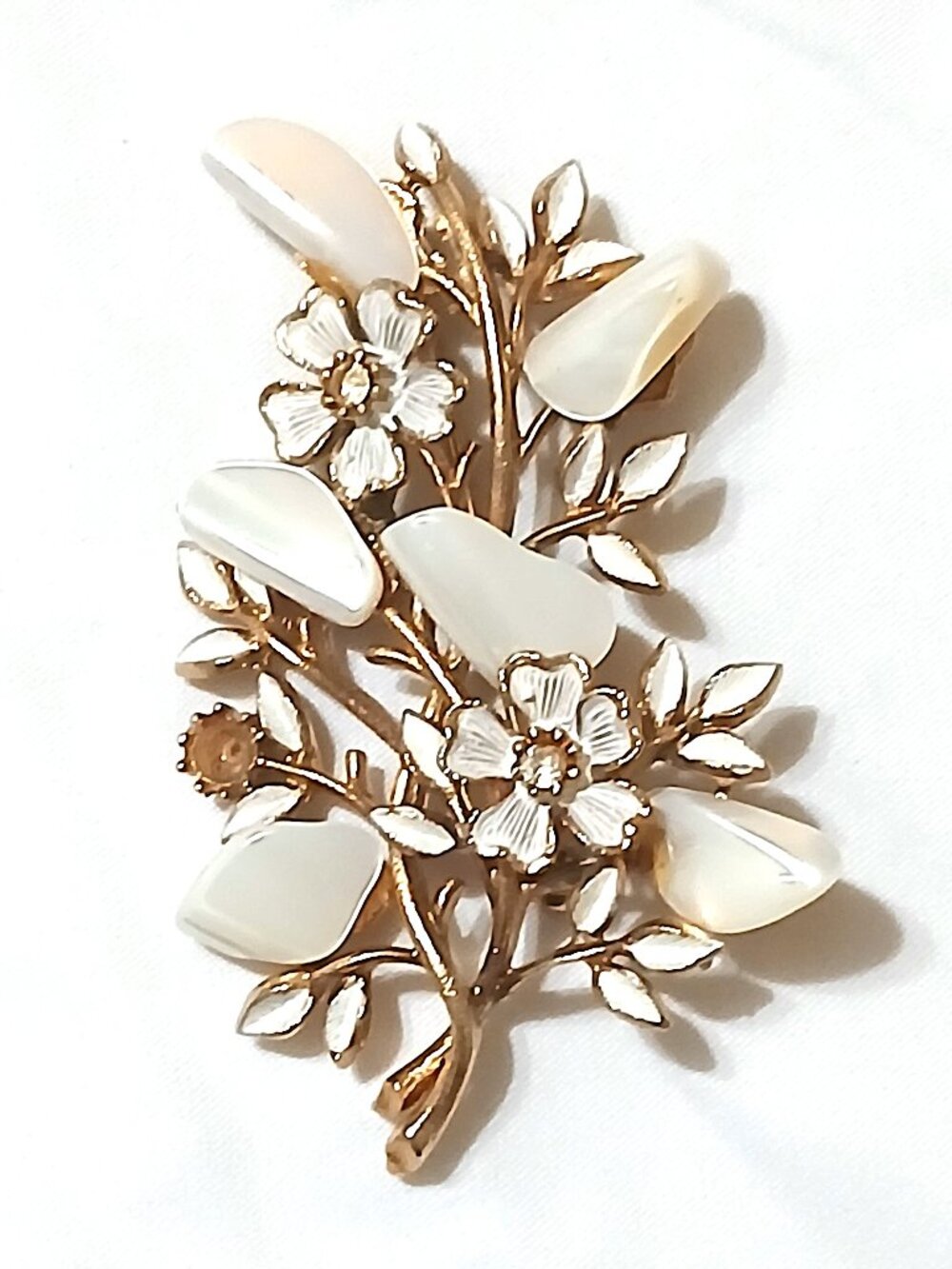 Vintage CORO Gold Tone Floral Brooch White Cabochons Flowers Signed 2.5"